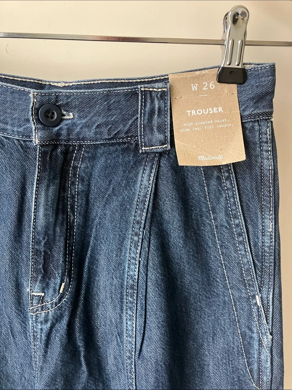 MADEWELL The Perfect Vintage Wide-Leg Trouser Jean Dark Blue Pleats Size 26 NWT